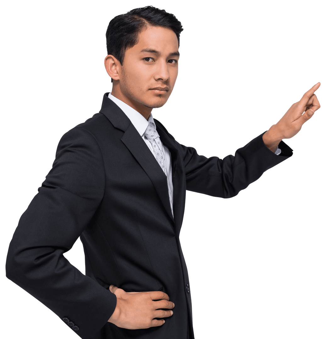 Serious Biracial Businessman Pointing on Transparent Background