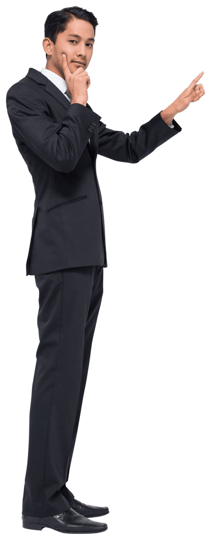 Serious Asian Businessman Thinking and Pointing Transparently