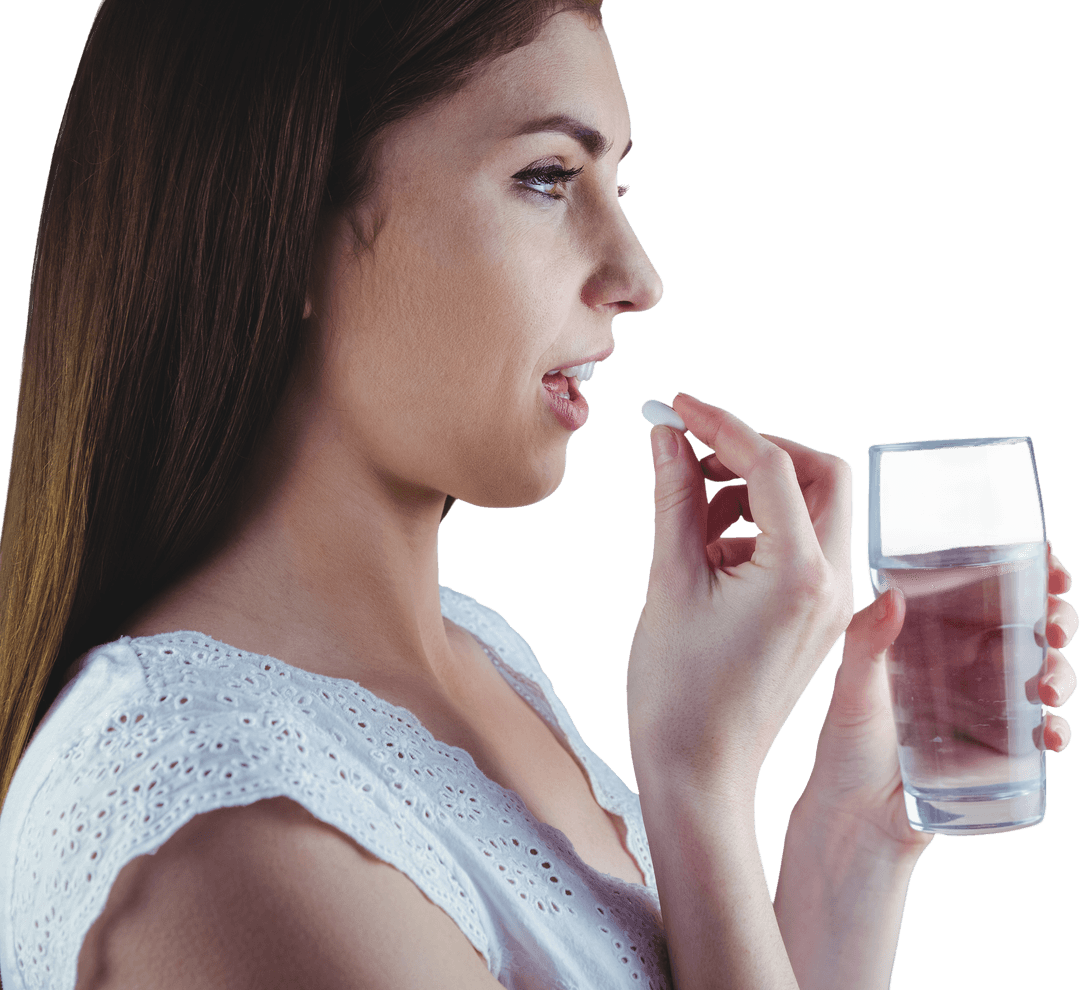 Woman Taking Tablet with Water on Transparent Background