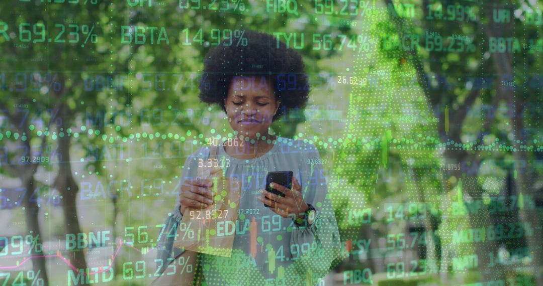 Woman using smartphone with stock market data overlay outdoors - Free Images, Stock Photos and Pictures on Pikwizard.com