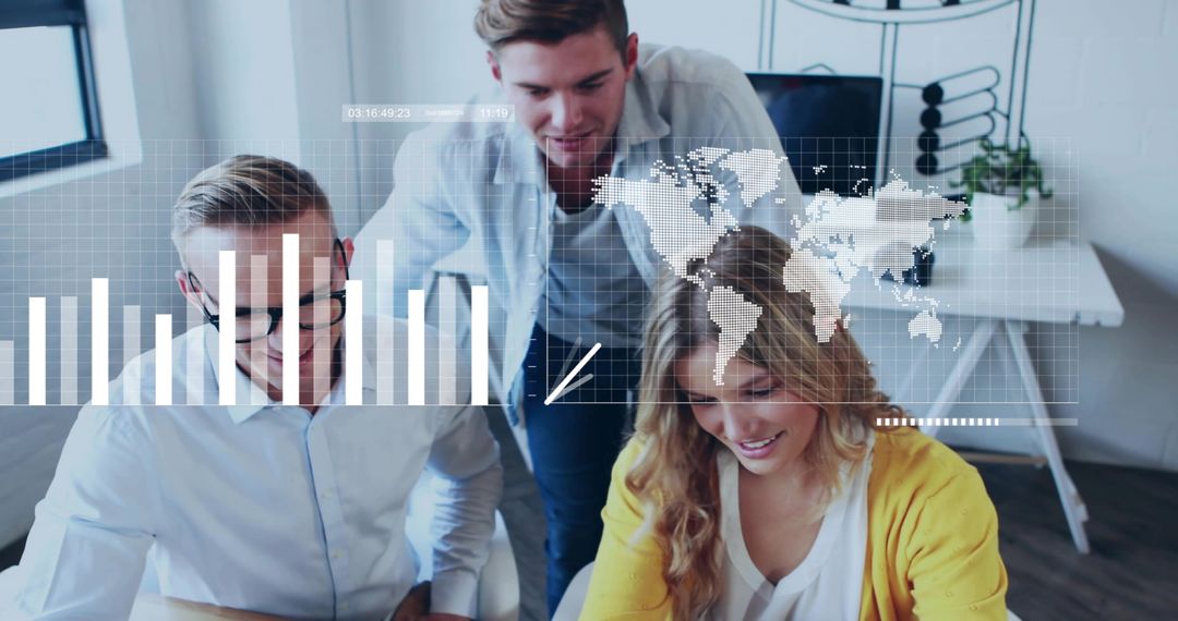 Team Collaborating Over Global Data Dashboard and Bar Charts in Modern Office