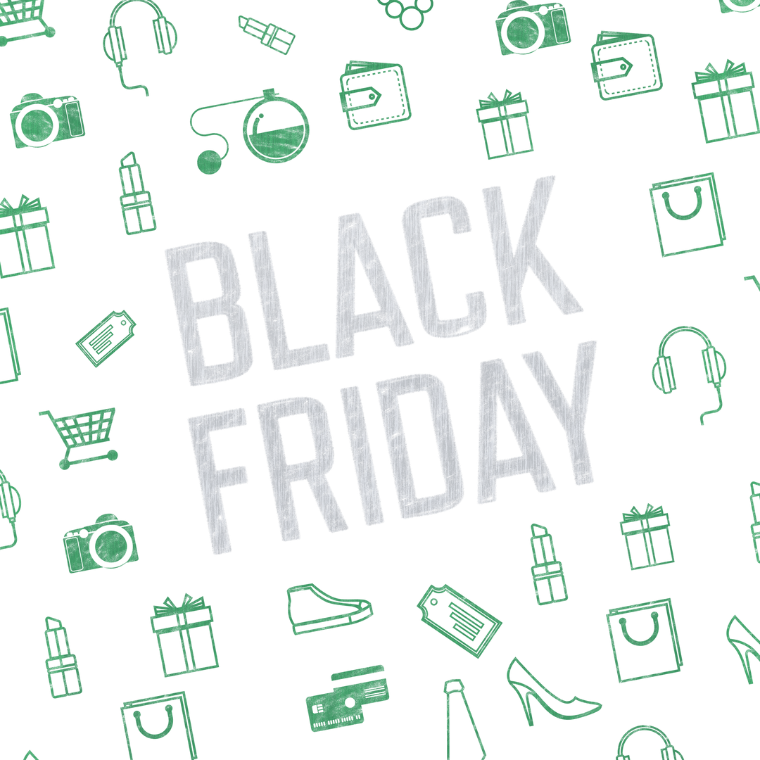 Black Friday Text with Shopping & Gift Icons on Transparent Background