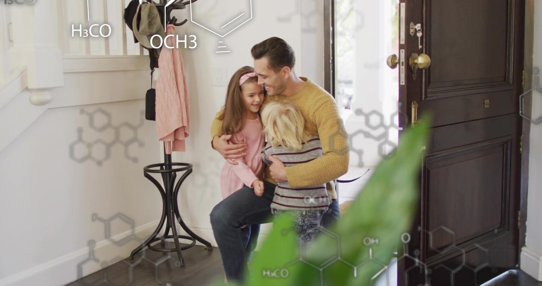 Father hugging children at front door with molecular overlays representing family bonds