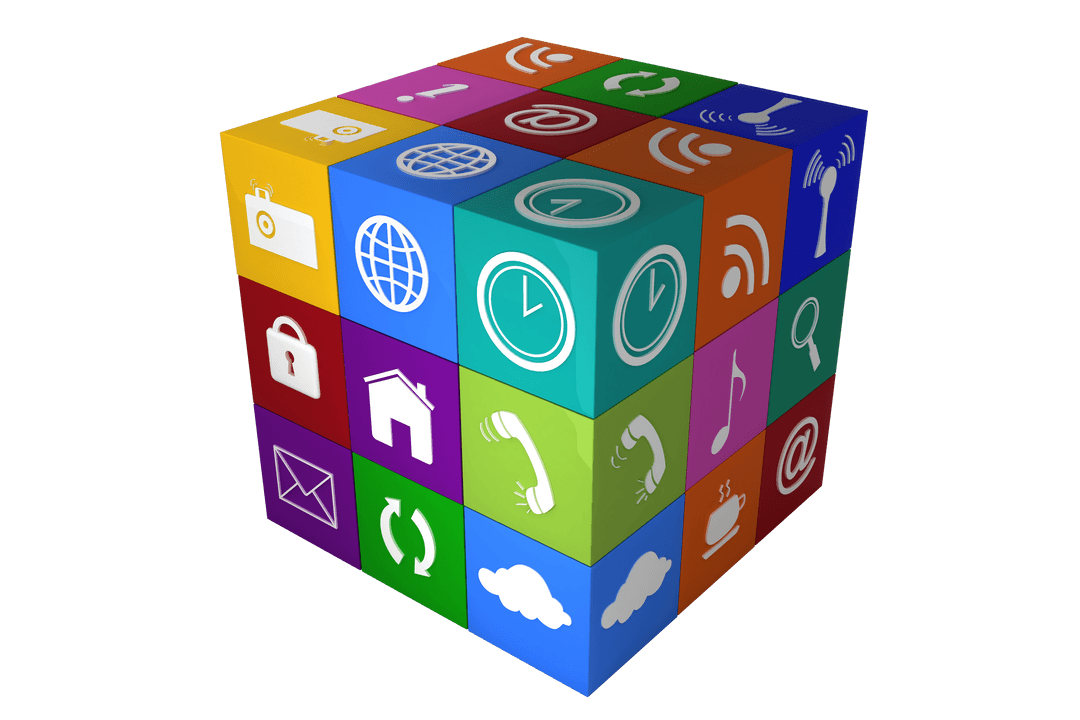 Digital Cube of Icons on Transparent Background for Tech and Communication