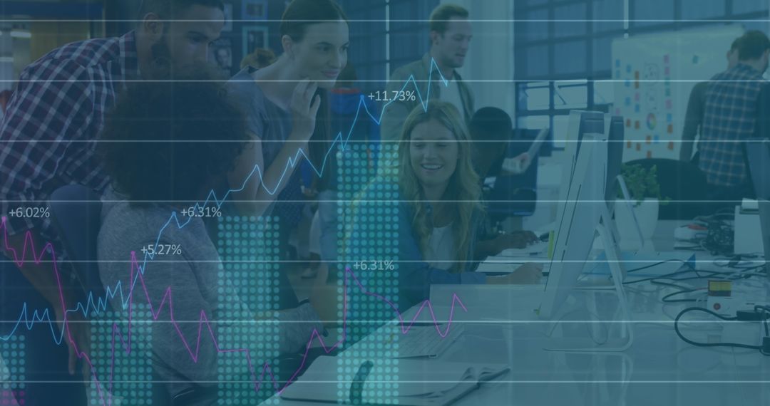 Team Analyzing Data with Overlay of Financial Graphs in Office Environment
