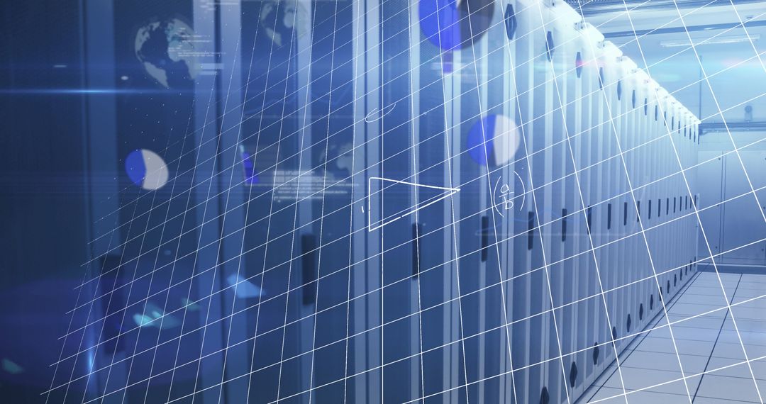 Futuristic Server Room with Digital Data Processing Graphics