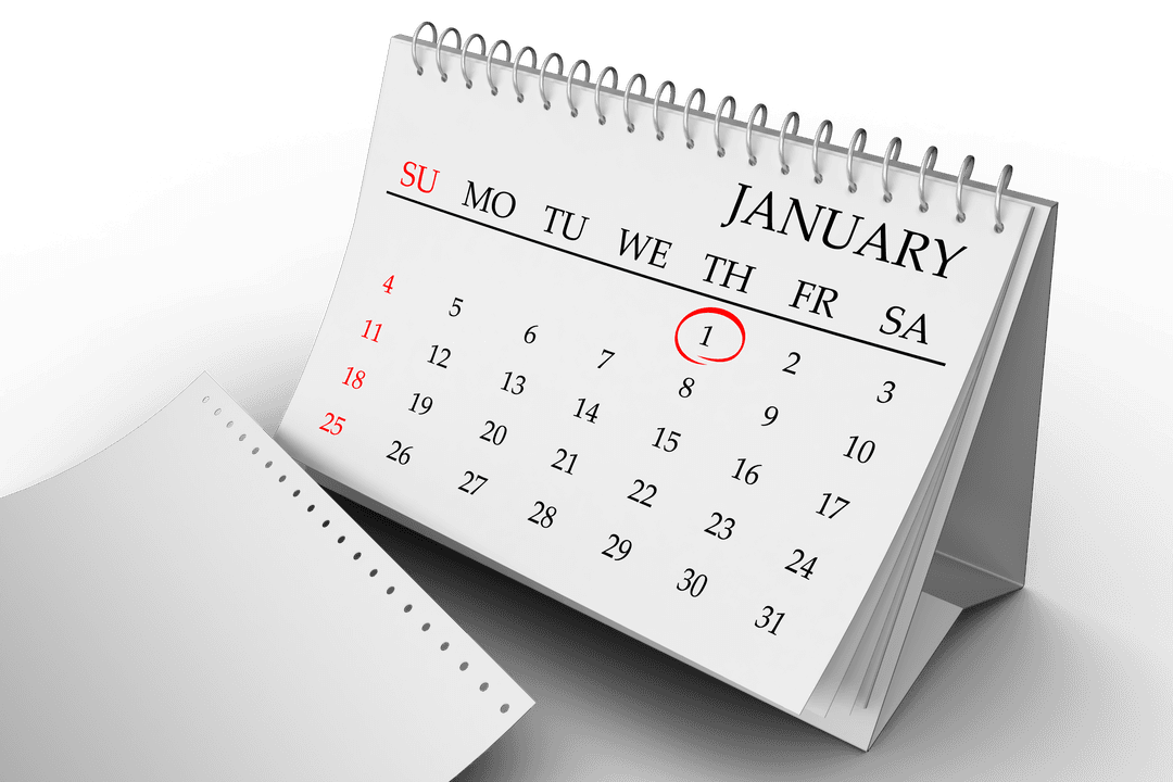 January Calendar Display with New Year Highlight, Transparent Background