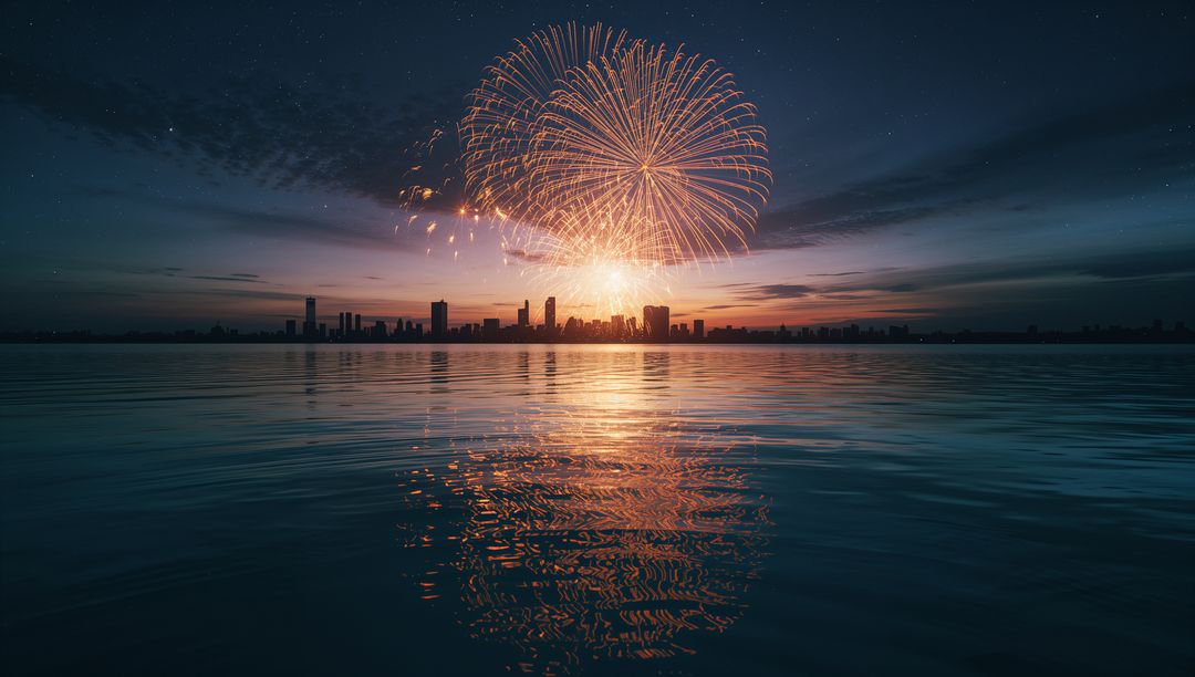 Spectacular Golden Firework Display over Cityscape Dusk Reflection
