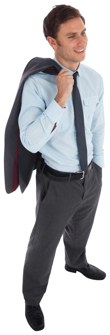 Smiling Transparent Businessman Holding Jacket Over Shoulder
