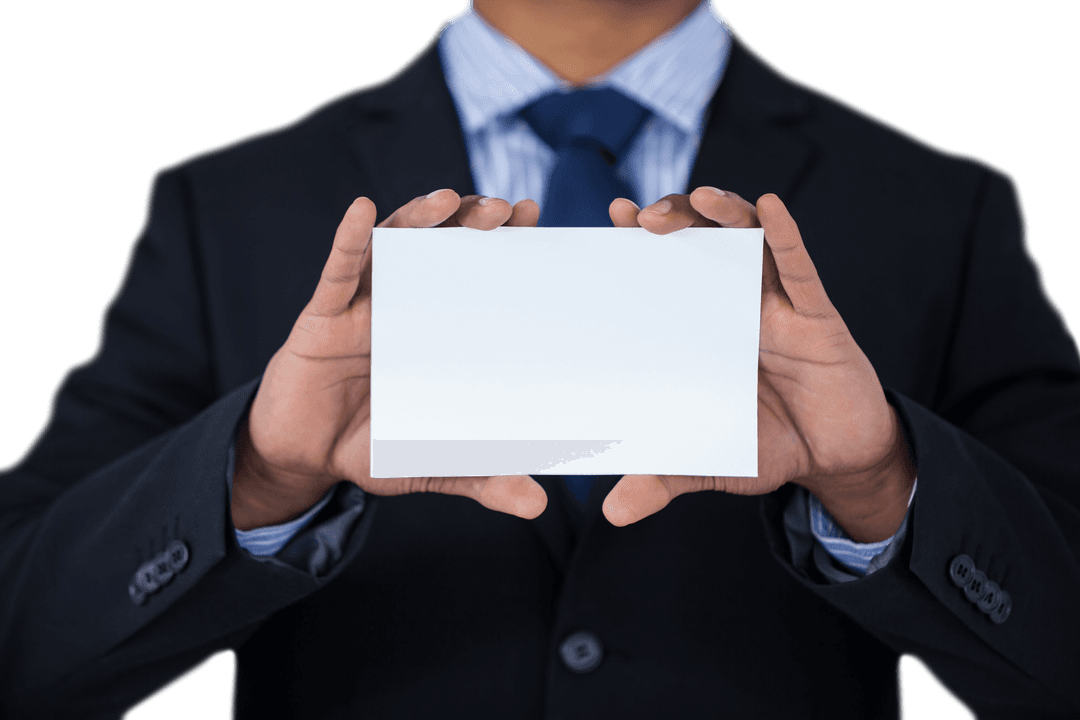 Businessman Holding Blank Card in Suit with a Transparent Background