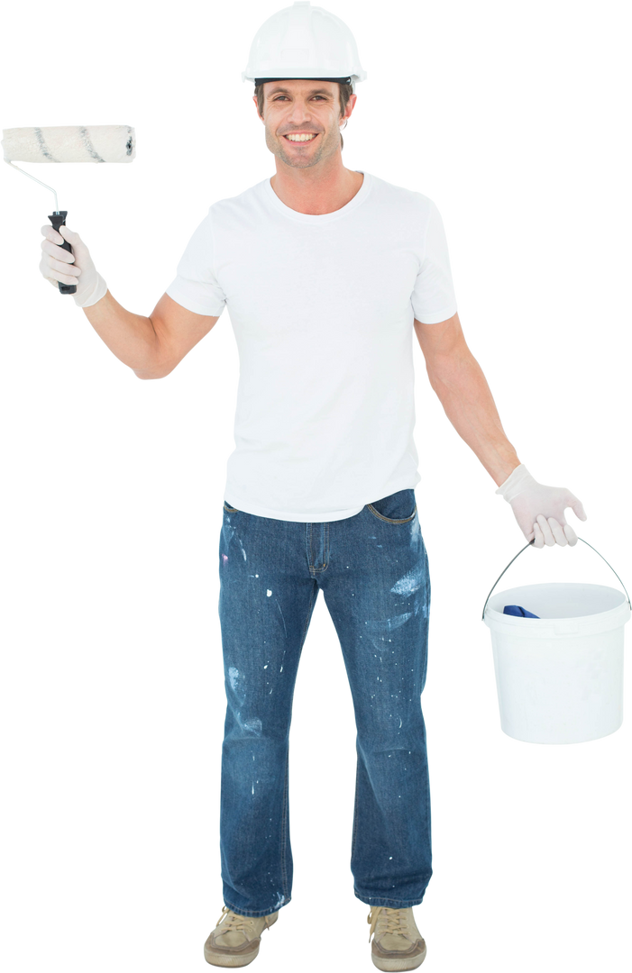 Transparent happy man in white of work holding paint roller and bucket - Download Free Stock Images Pikwizard.com