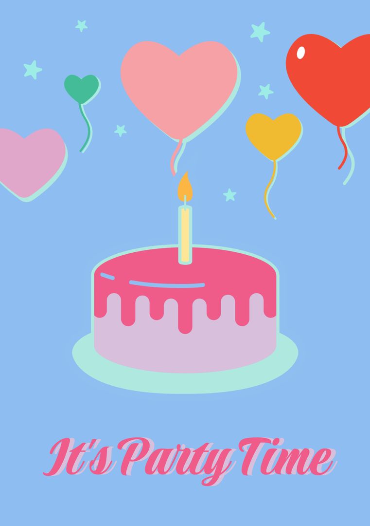 It's Party Time Text With Birthday Cake and Heart Balloons on Blue Background - Download Free Stock Templates Pikwizard.com