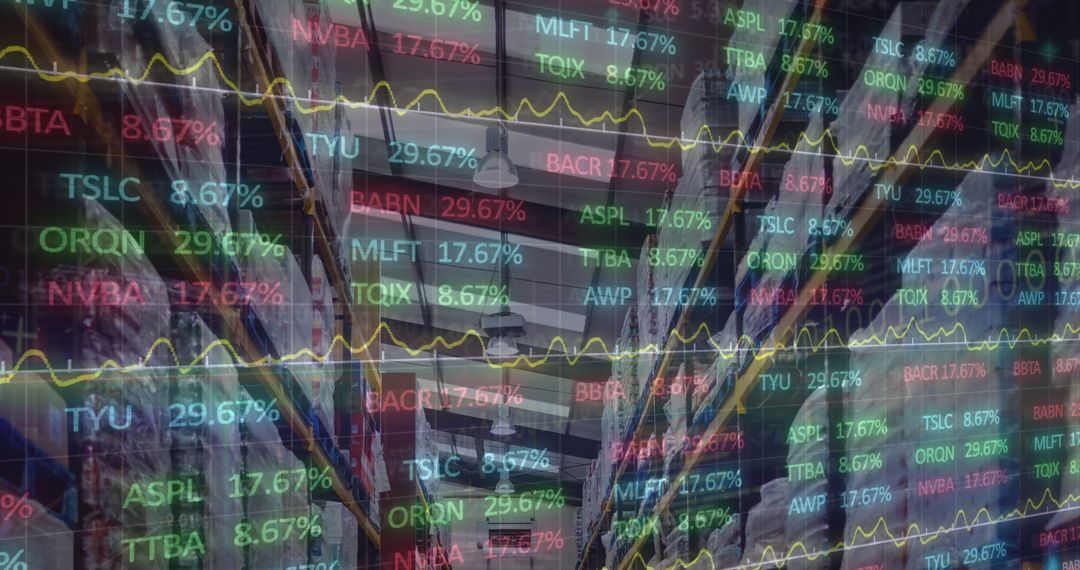 Dynamic Stock Market Display Over Industrial Warehouse