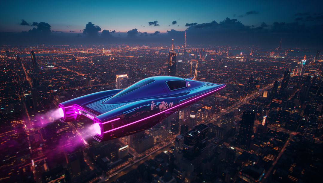 Neon Hovercraft Soaring Over Cyberpunk Metropolis at Night with Purple Thruster Glow