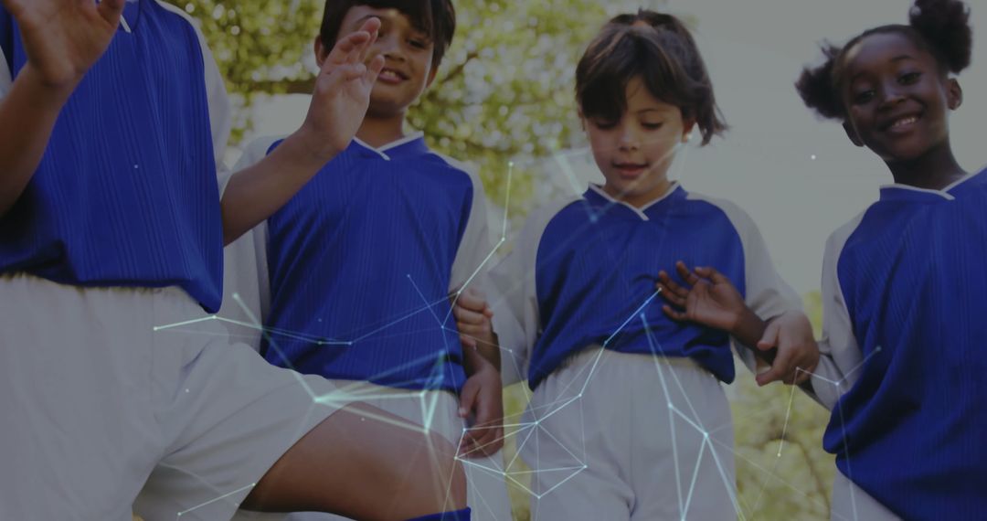 Children Playing Soccer with Digital Networking Overlay