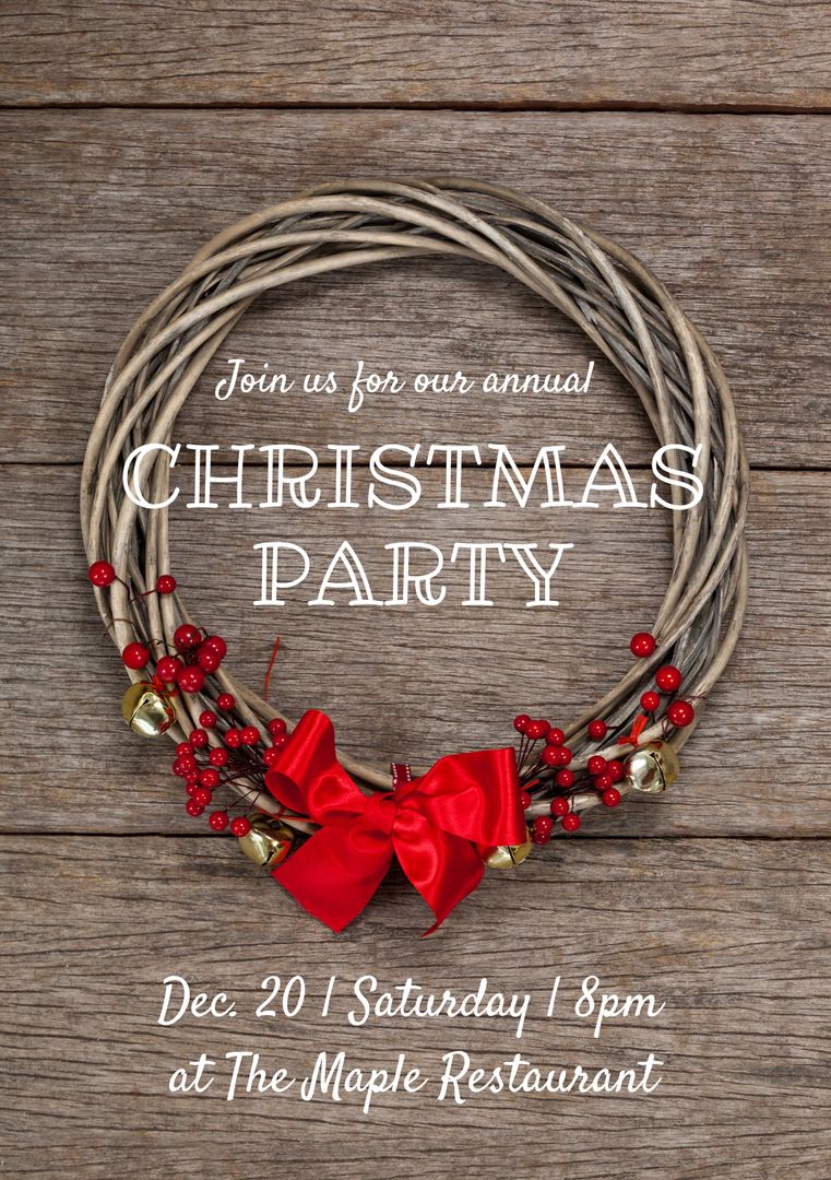 Festive Christmas Party Invitation with Decorated Wreath on Wooden Background - Download Free Stock Templates Pikwizard.com