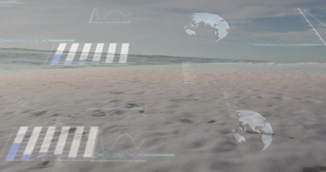Displaying rippled wet sand with translucent HUD overlays on overcast coastal horizon