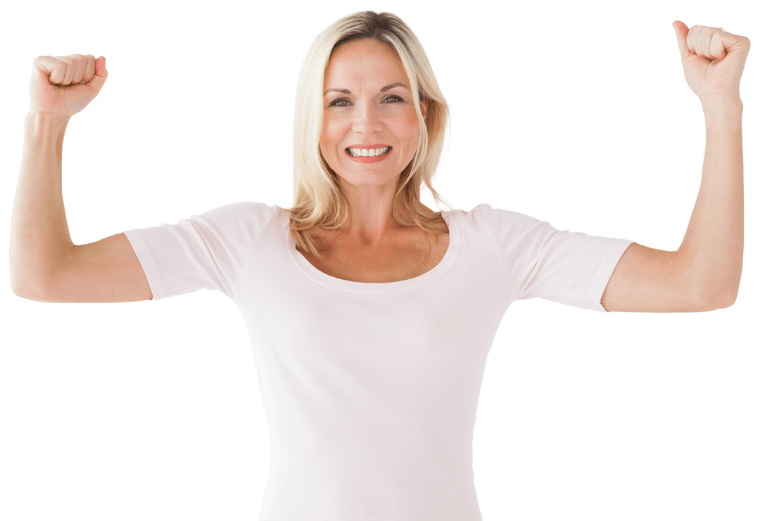 Confident Middle-Aged Woman Flexing Muscles Transparent Background