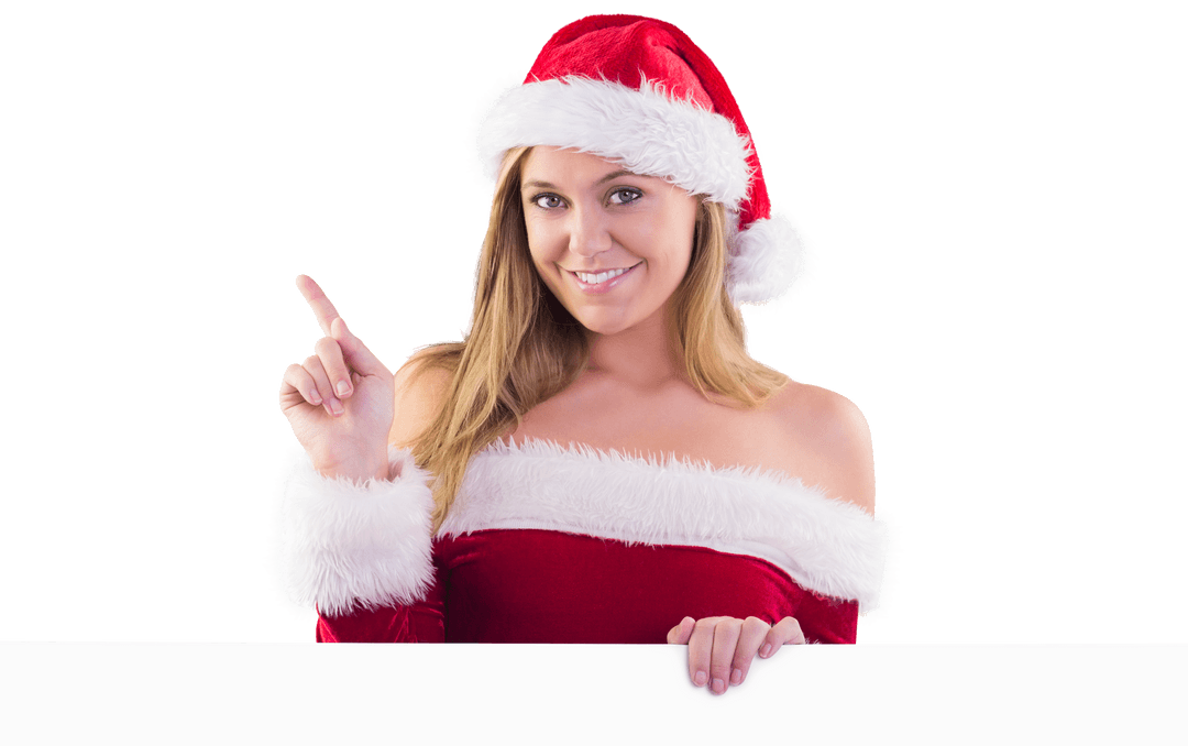Festive Blonde in Santa Hat Pointing on Transparent Background