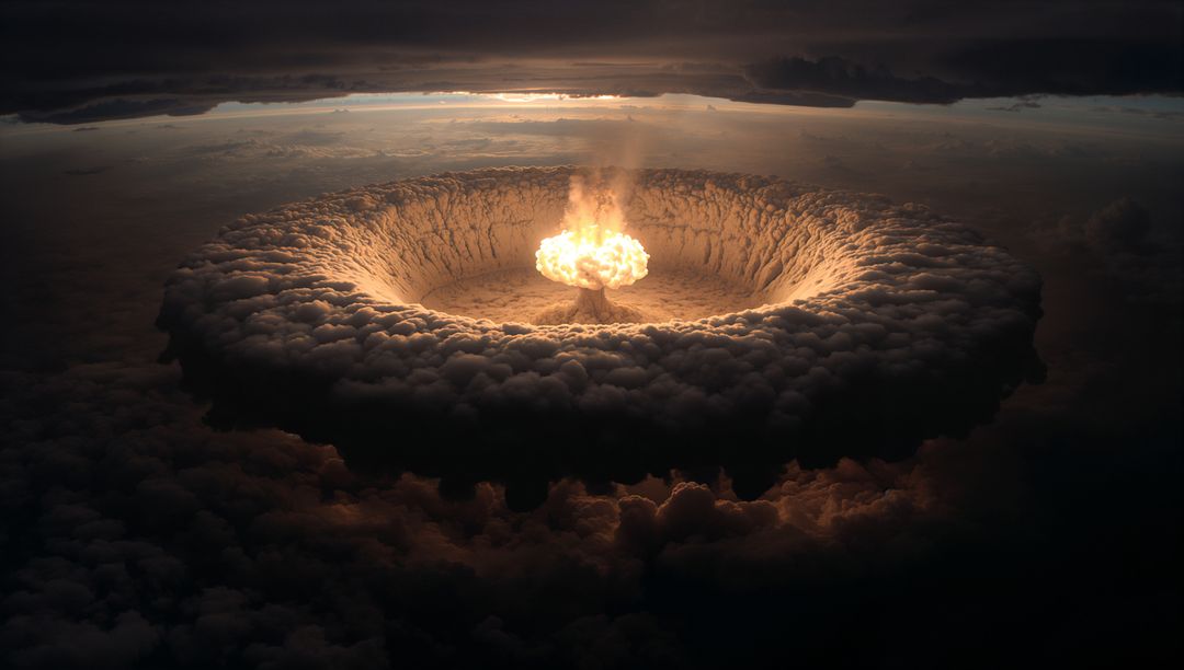 Dramatic Eruption: Fiery Mushroom Cloud in Dense Sky