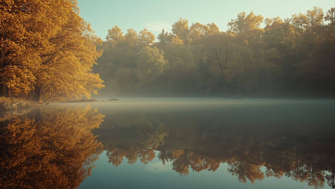 Golden Autumn Trees Reflecting in Serene Misty Lake