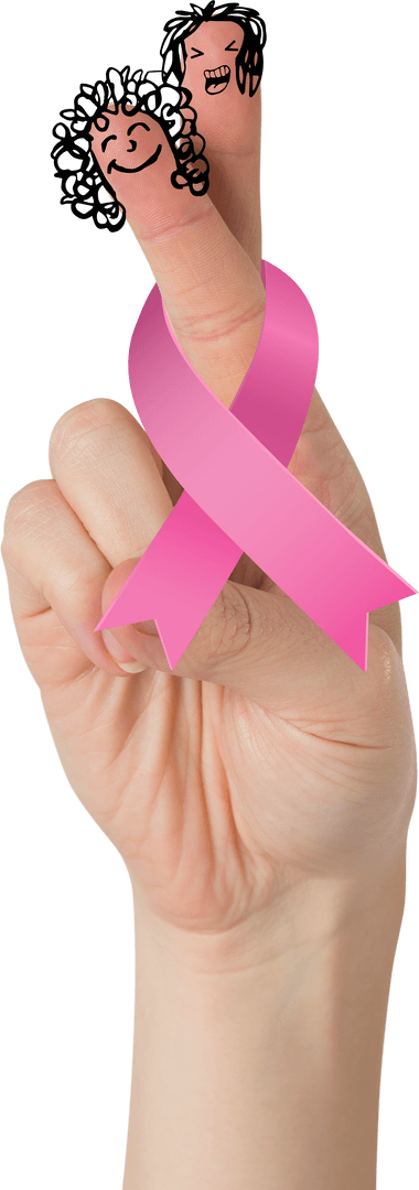 Transparent Hand Holding Pink Ribbon with Happy Faces