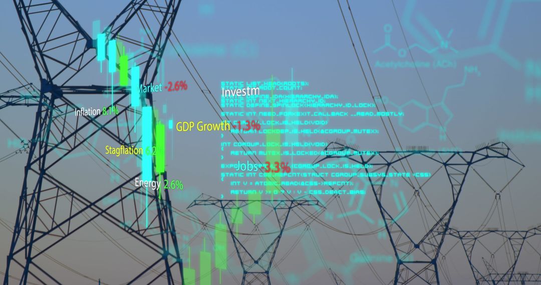 Digital Data Overlay on Electric Pylons Representing Global Business