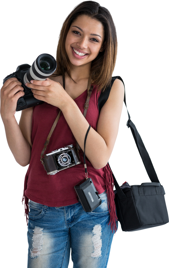 Smiling Young Woman Photographer Holding DSLR on Technical Transparent Background - Download Free Stock Images Pikwizard.com