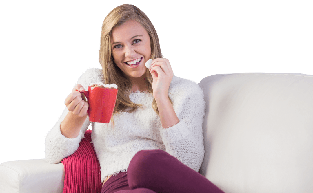Smiling Woman Enjoying Hot Chocolate on Cozy Sofa Transparent Background