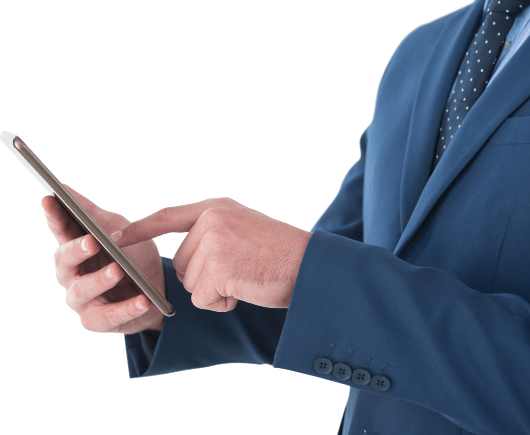 Businessman Interacting with Digital Tablet on Transparent Background