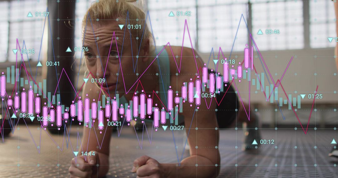 Planking athlete in gym with augmented performance data overlay for fitness analytics