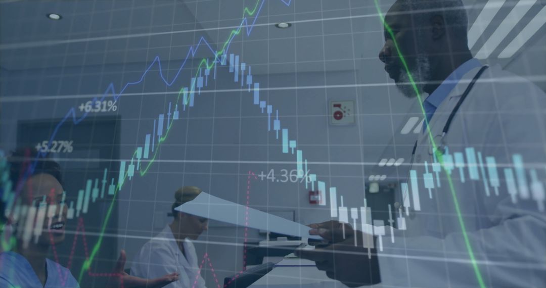 Healthcare Professionals Analyzing Data Overlaying Financial Dataset