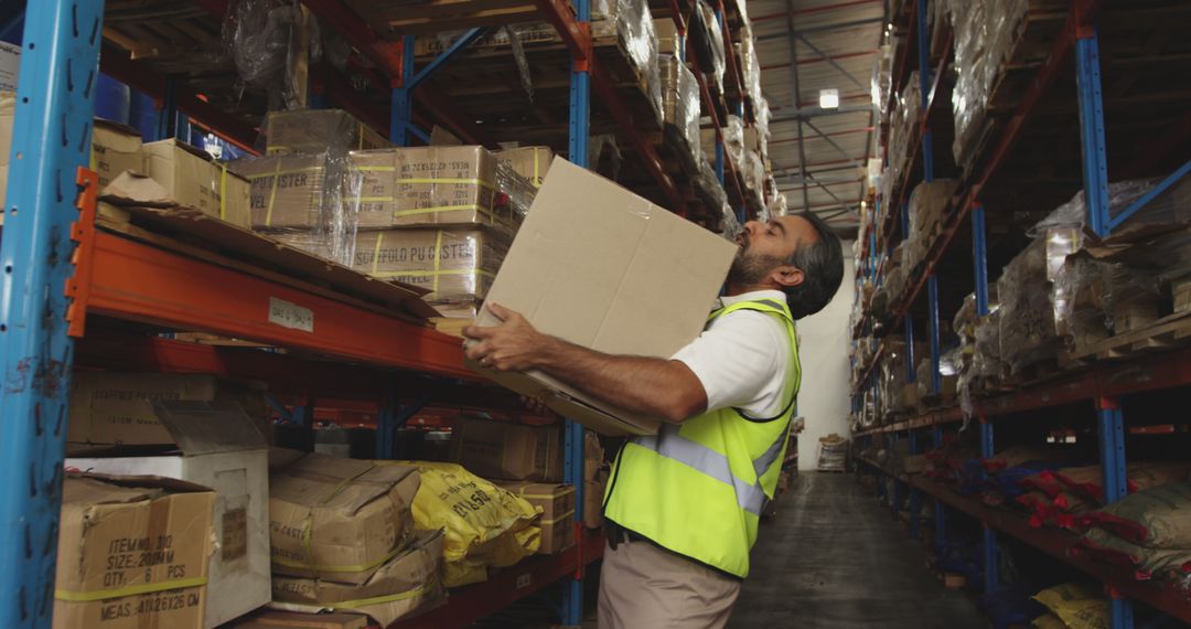 Warehouse Worker Lifting Heavy Box in Storage Facility - Free Images, Stock Photos and Pictures on Pikwizard.com