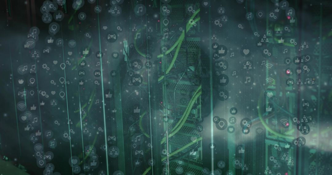 Futuristic Data Center with Network Equipment and Digital Icons