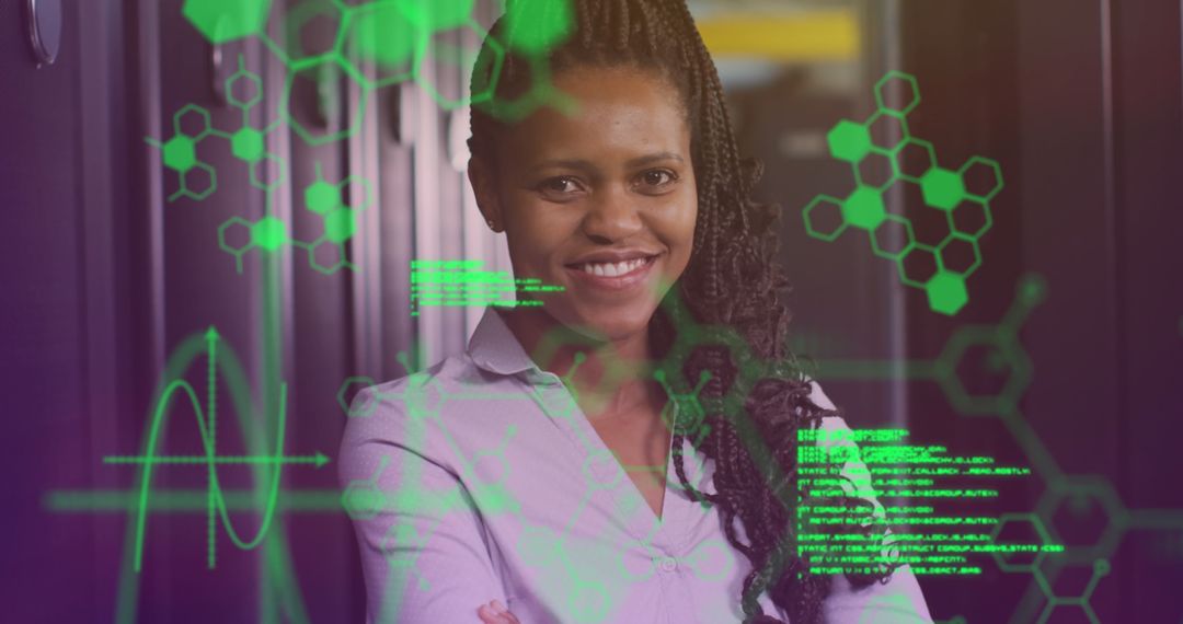 Confident IT Professional in Server Room with Data Overlay