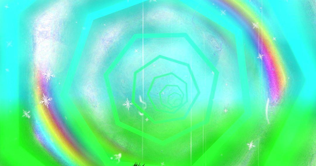 Futuristic Digital Tunnel with Luminous Concentric Hexagons and Rainbow Arcs