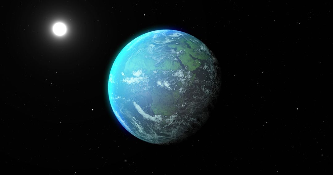 Distant Blue Planet and Shininh Sun in Space