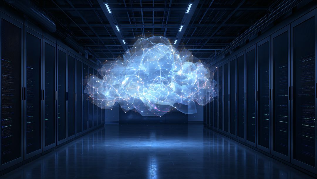 Holographic Cloud Network Floating Above Shiny Floor in Dark Data Center with Glowing Racks