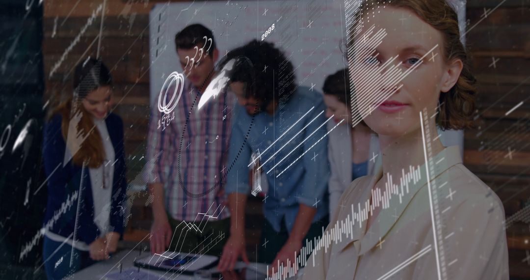 Woman Leading Business Meeting with Digital Data Graphics