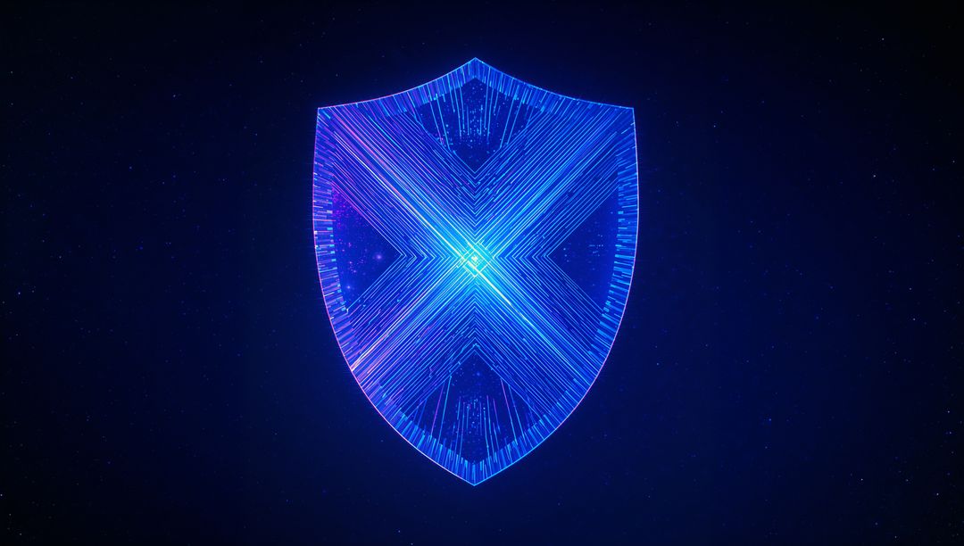 Glowing Neon Shield with Futuristic X Design in Digital Cyberspace