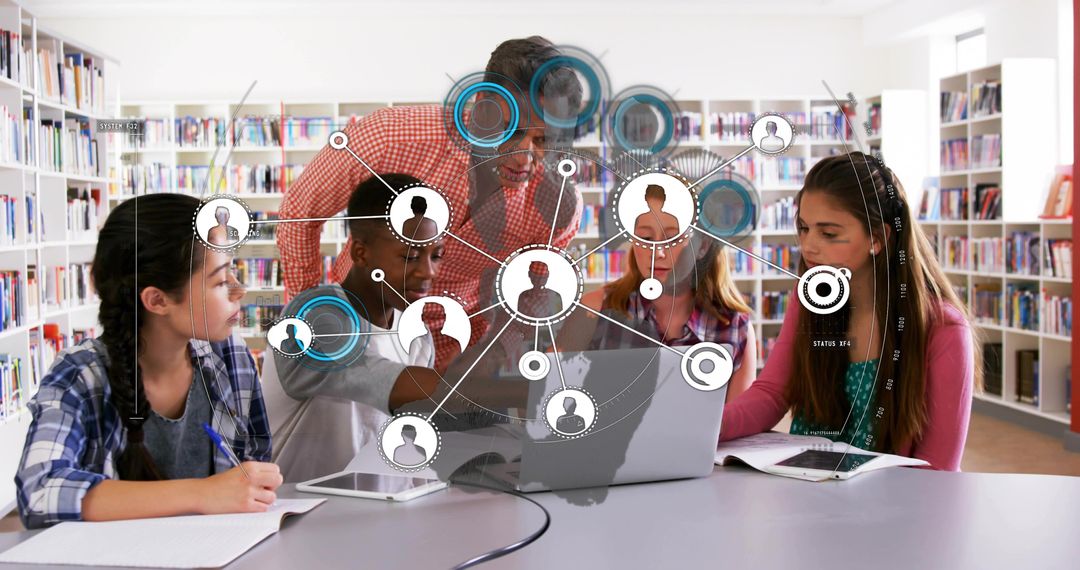 Teacher Guiding Students Collaborating on Laptop in Library with Virtual Network Interface