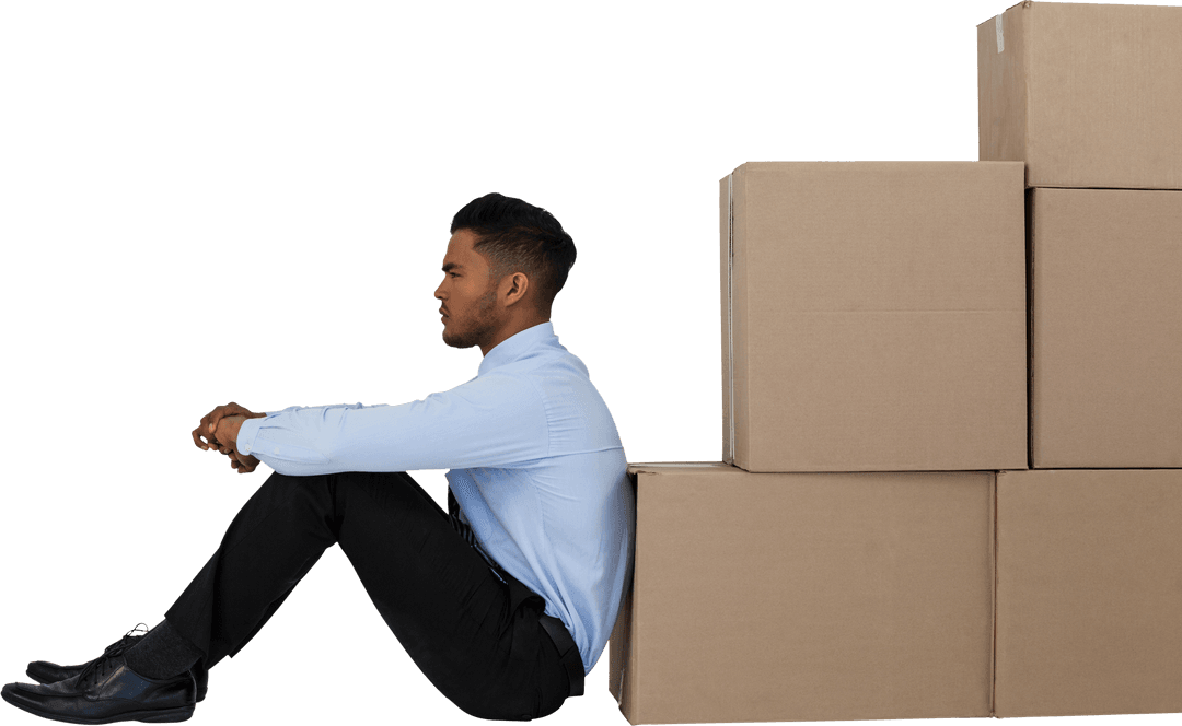 Transparent Thoughtful Businessman Leaning on Cardboard Boxes