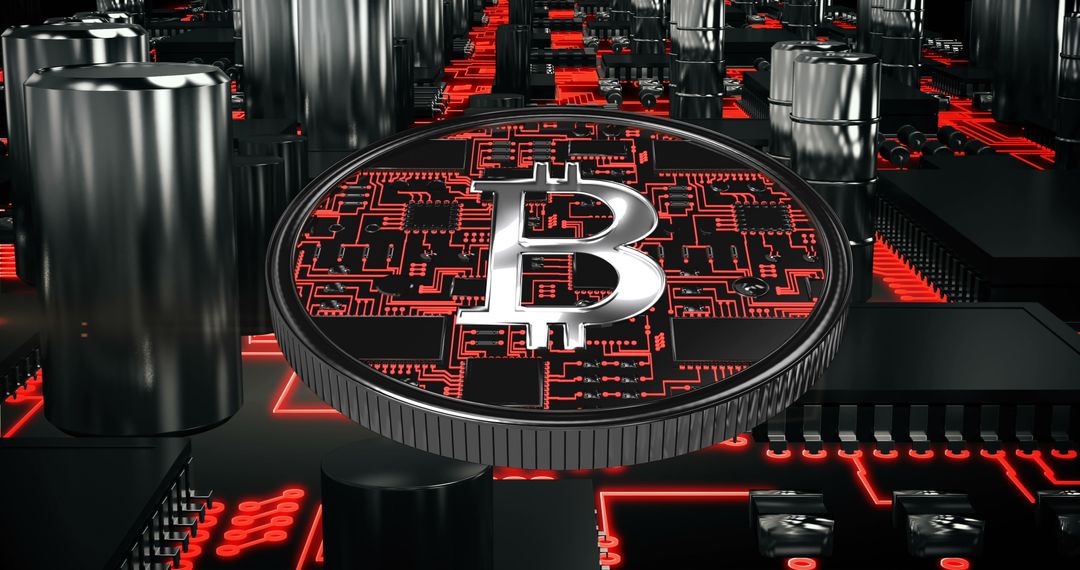 Futuristic Bitcoin Symbol on Digital Circuit Board