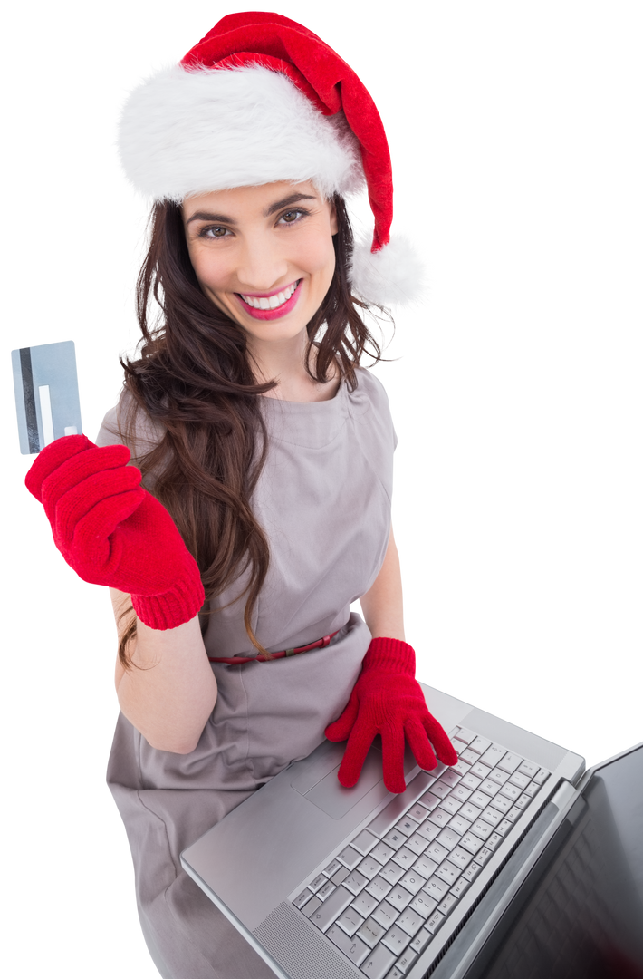 Smiling Woman in Santa Hat Shopping Online with Card and Laptop on Transparent Background - Download Free Stock Images Pikwizard.com