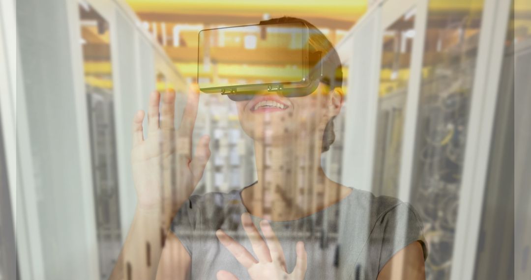 Woman Using VR Headset in Technology Server Room