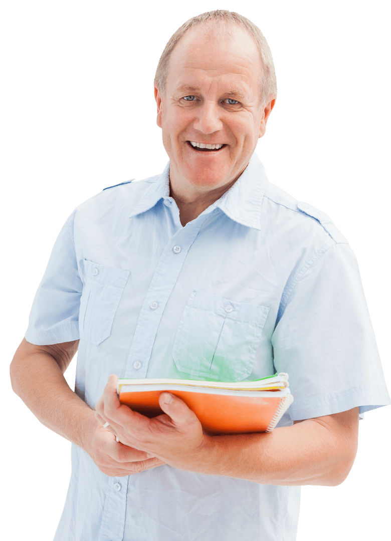 Senior Man Holding Documents Smiling on Transparent Background