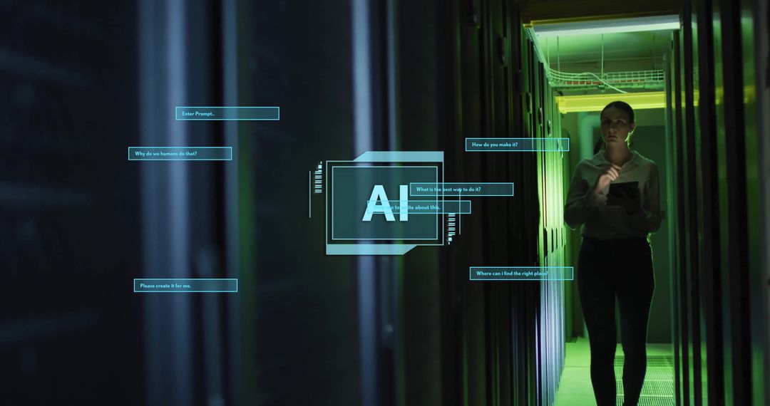 Caucasian Female Engineer With AI Interface in Server Room