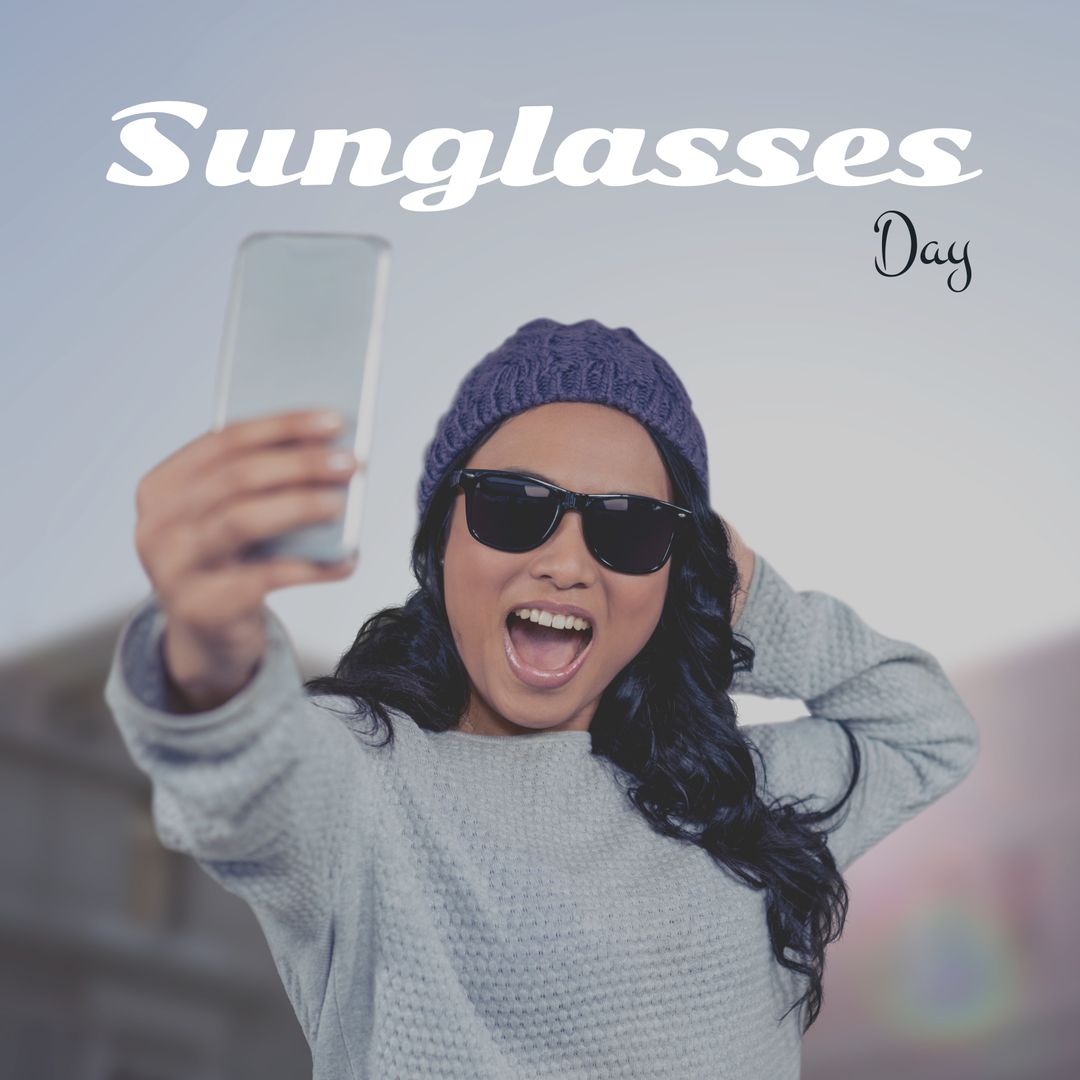 Celebrating Sunglasses Day with Stylish Woman Taking Selfie