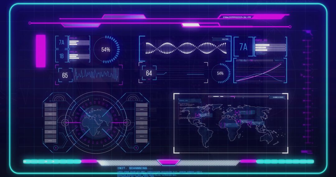 Futuristic Data Interface with DNA Analysis and Global Map
