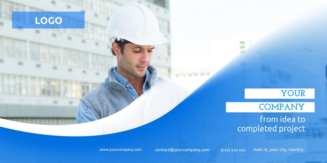 Construction Worker Analyzing Blueprint at Site with Company Branding - Download Free Stock Templates Pikwizard.com